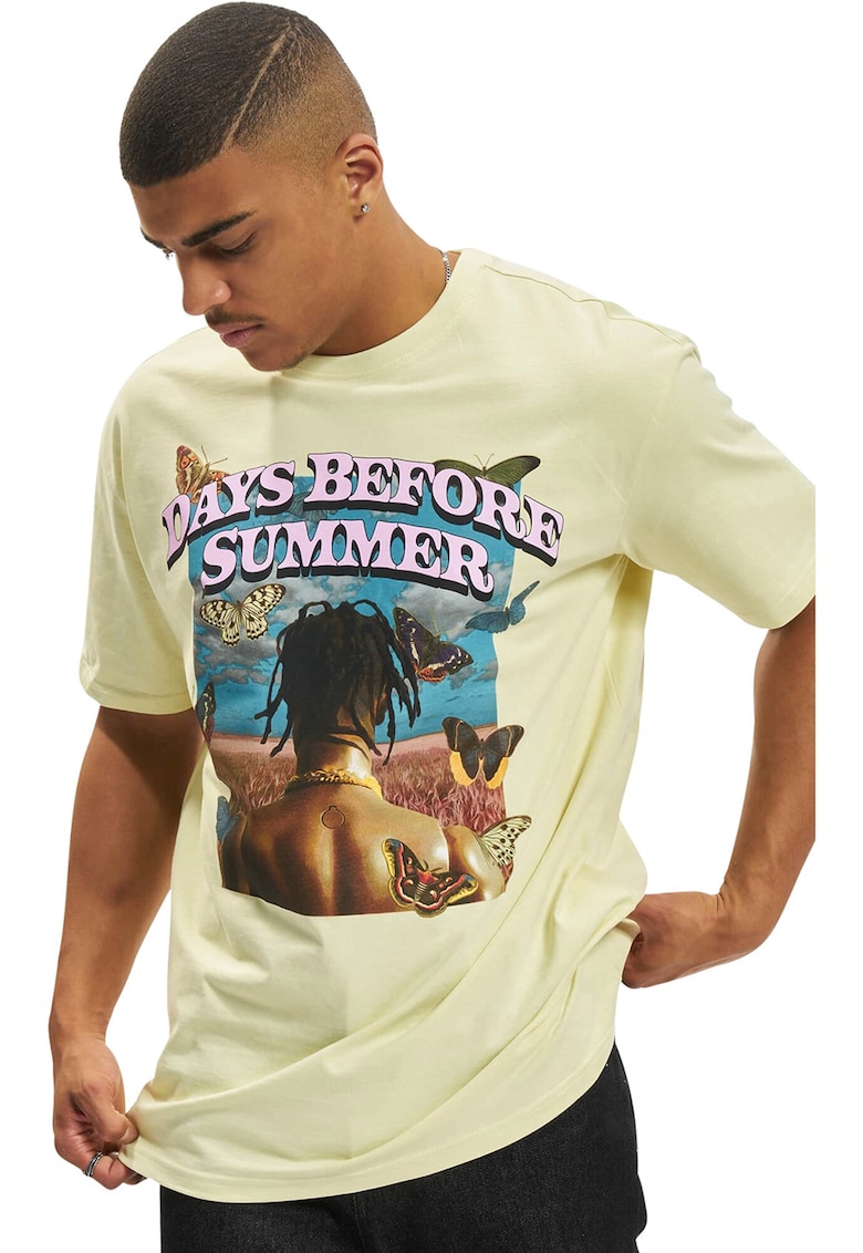 Tricou unisex supradimensionat cu imprimeu grafic si text - Maro/Galben pal/Albastru