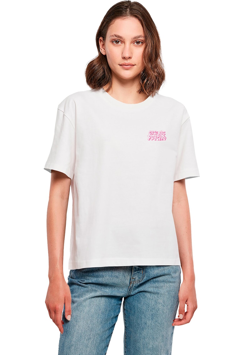 Tricou cu decolteu la baza gatului si model grafic pe partea din spate - Alb/Negru/Roz