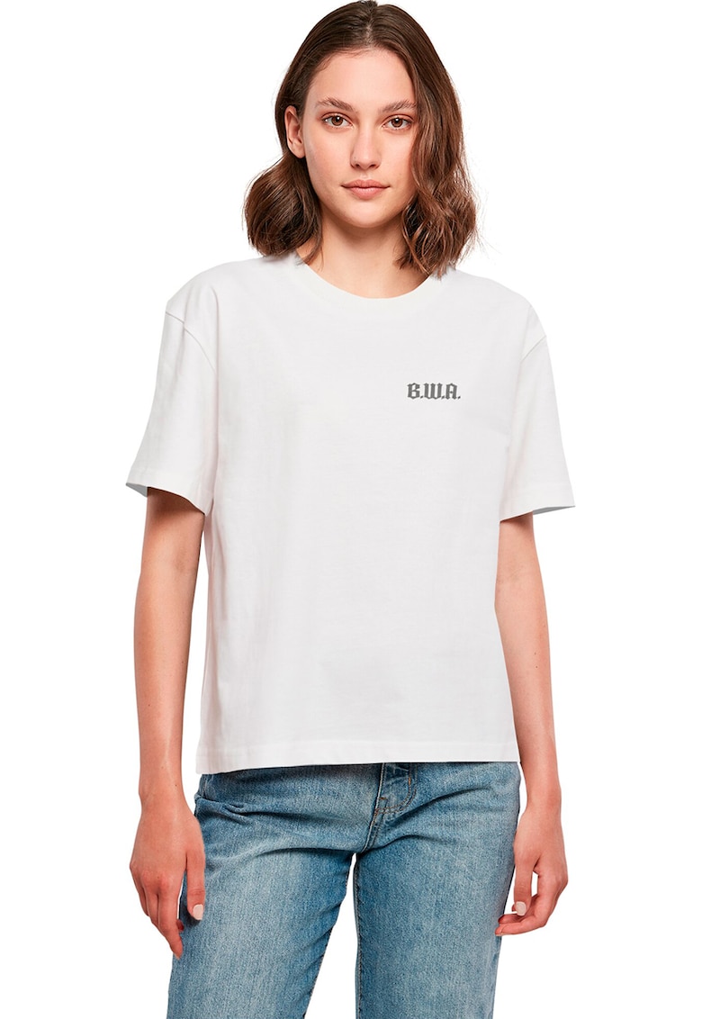 Tricou de bumbac cu imprimeu pe partea din spate - Alb/Negru/Portocaliu pal