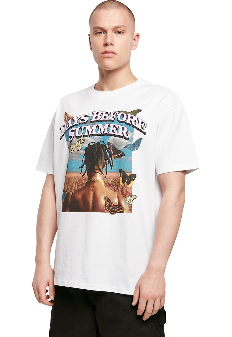 Tricou unisex supradimensionat cu imprimeu grafic si text - Alb/Maro/Albastru deschis