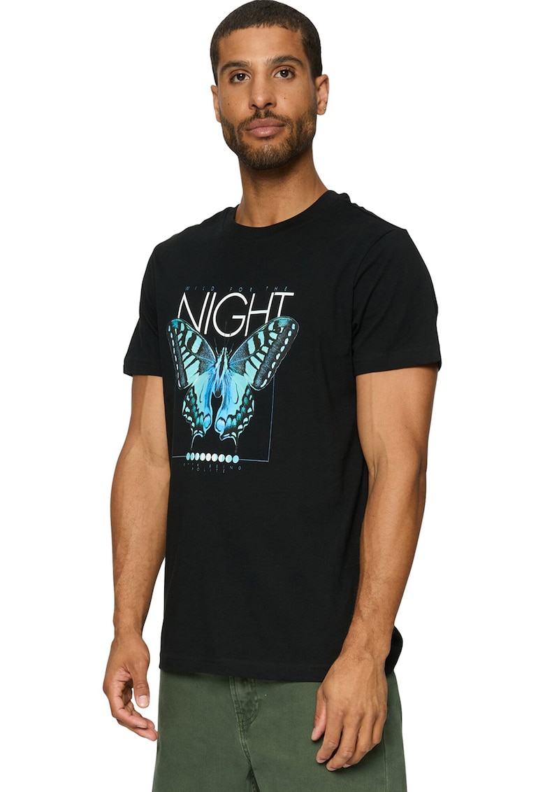 Tricou cu decolteu la baza gatului si imprimeu grafic si text - Alb/Negru/Albastru