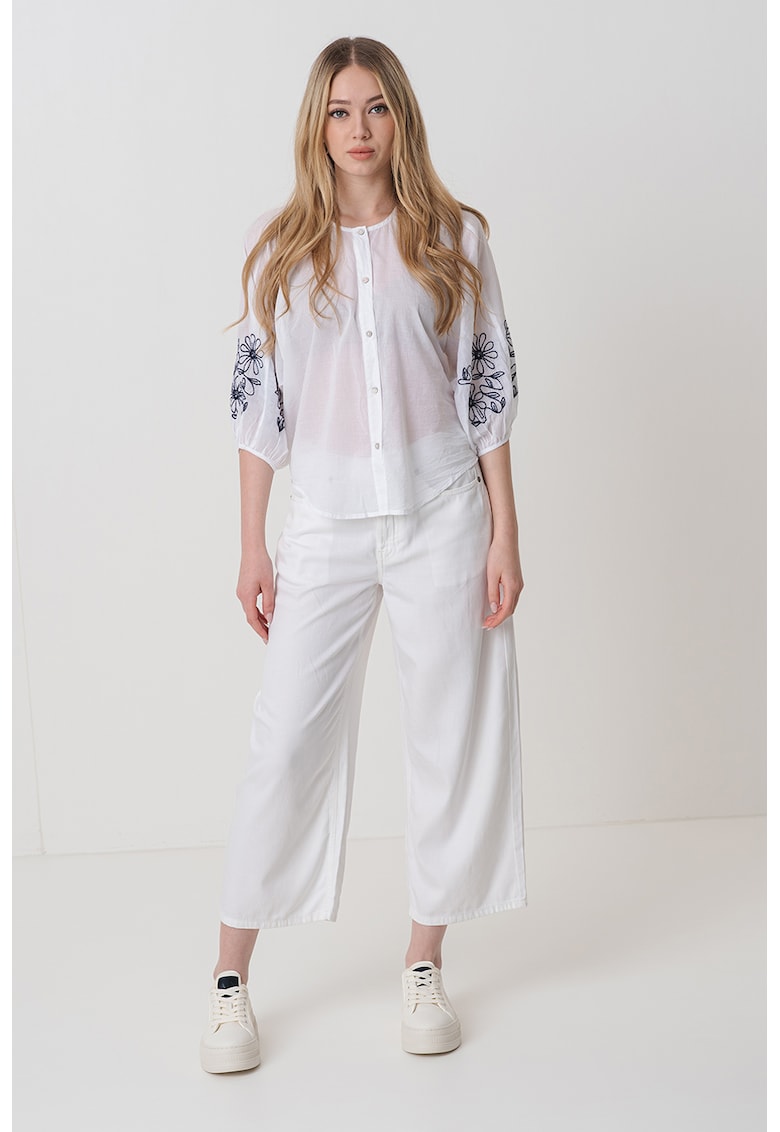 Bluza de bumbac cu detalii brodate - Alb/Albastru ultramarin