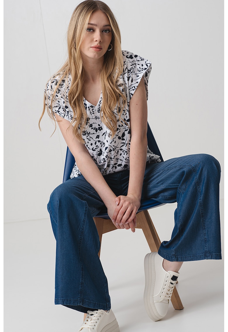 Tricou cu model floral si decolteu in V - Alb/Negru