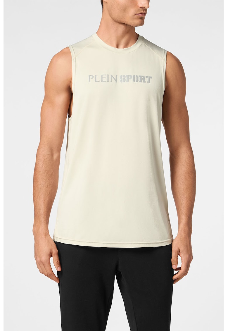 Tricou fara maneci cu logo - Crem