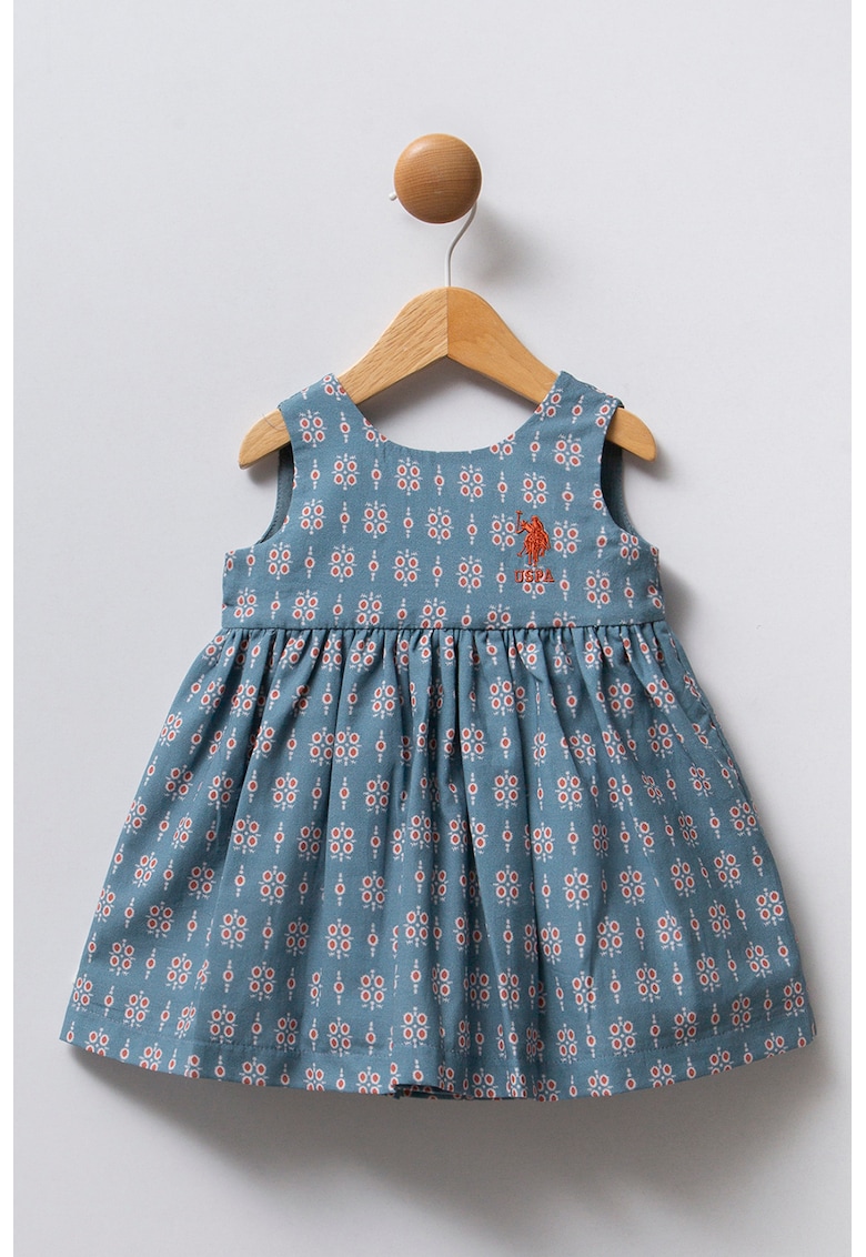 Rochie evazata cu imprimeu - Albastru prafuit/Rosu inchis