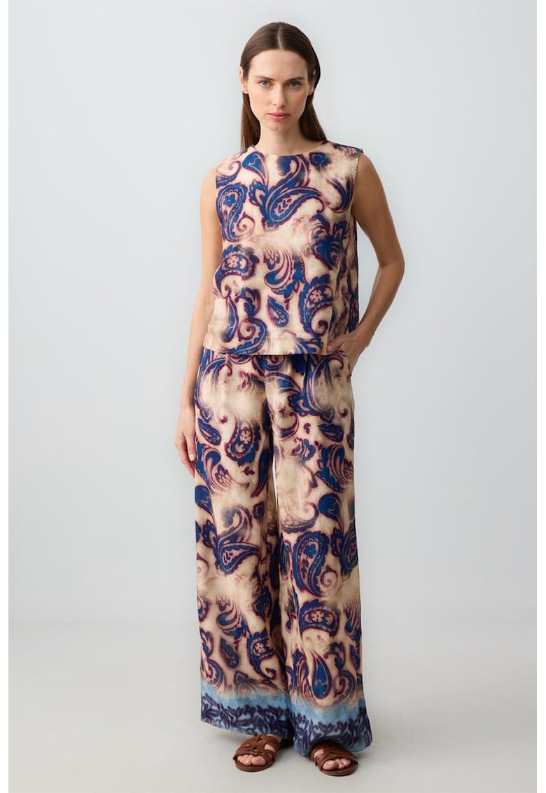 Pantaloni cu croiala ampla si imprimeu - Bej/Bleumarin