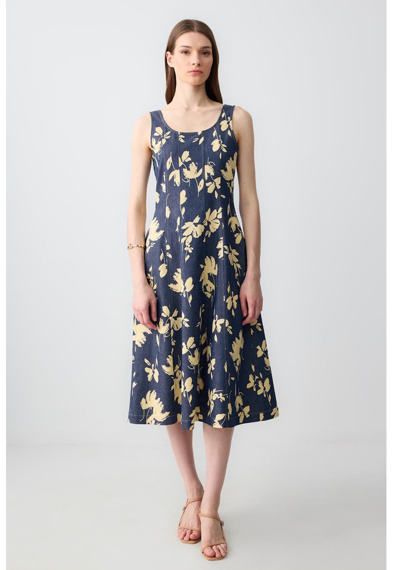 Rochie midi evazata fara maneci cu model floral - Galben/Bleumarin