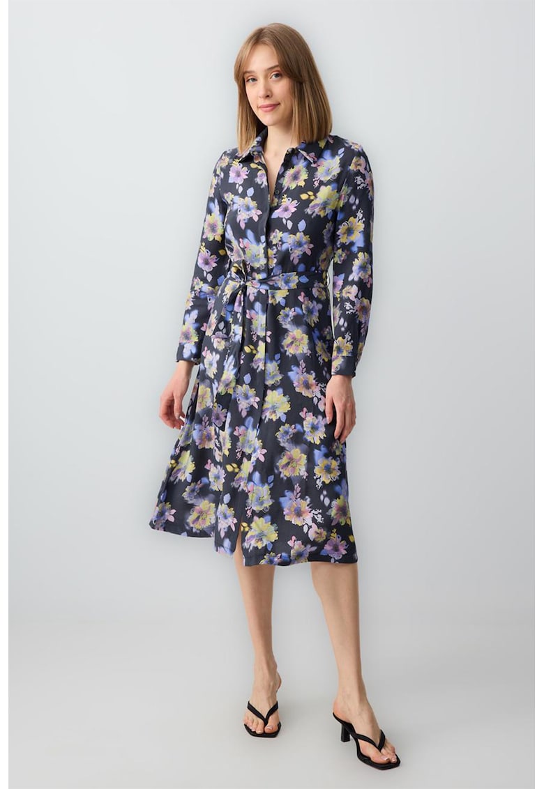 Rochie din amestec de modal cu croiala in A si model floral - Roz/Bleumarin