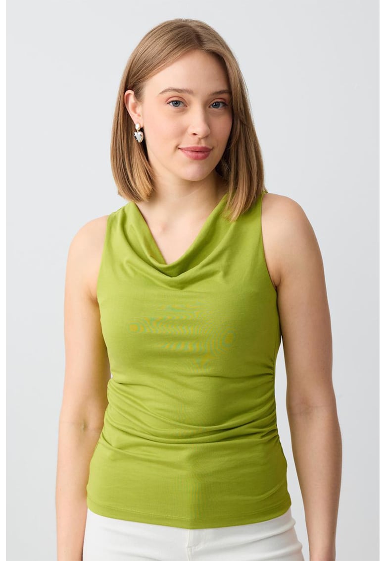 Top cambrat din amestec de modal cu decolteu drapat - Verde fistic