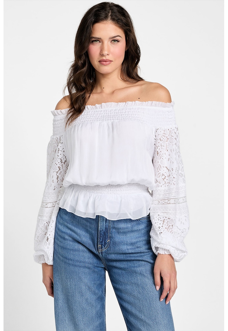 Bluza din amestec de matase cu decolteu pe umeri - Alb optic