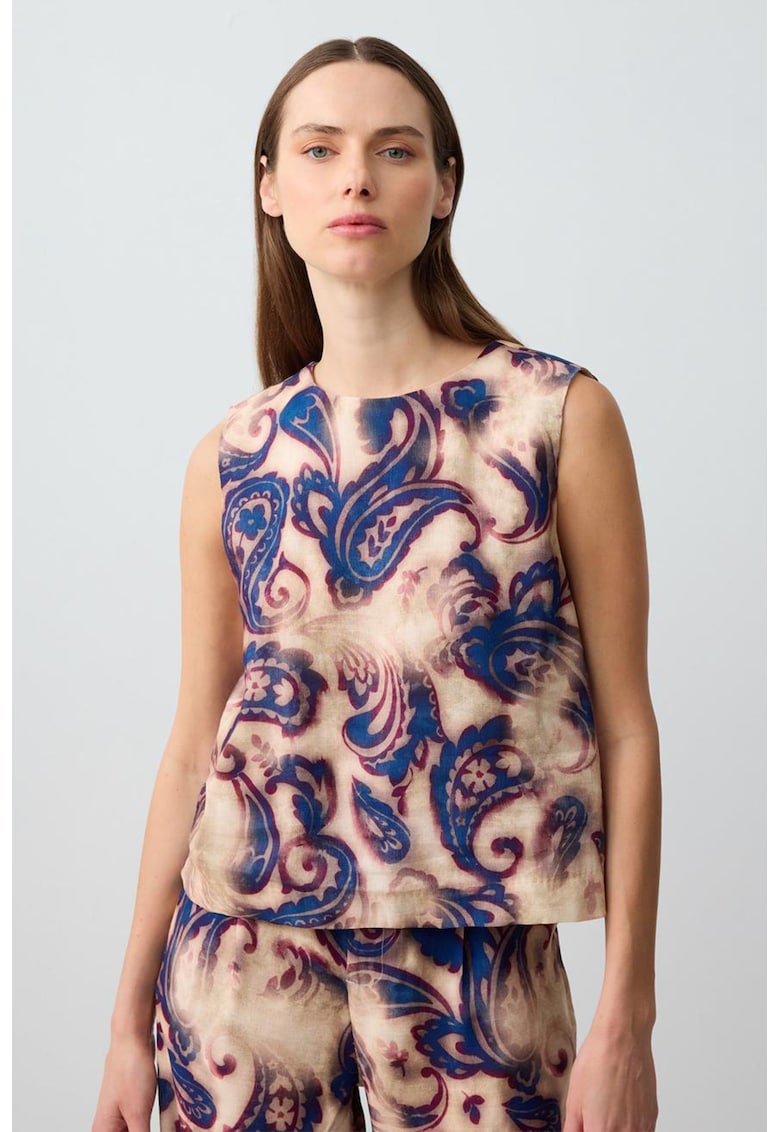 Top din amestec de in cu model paisley - Bej/Bleumarin