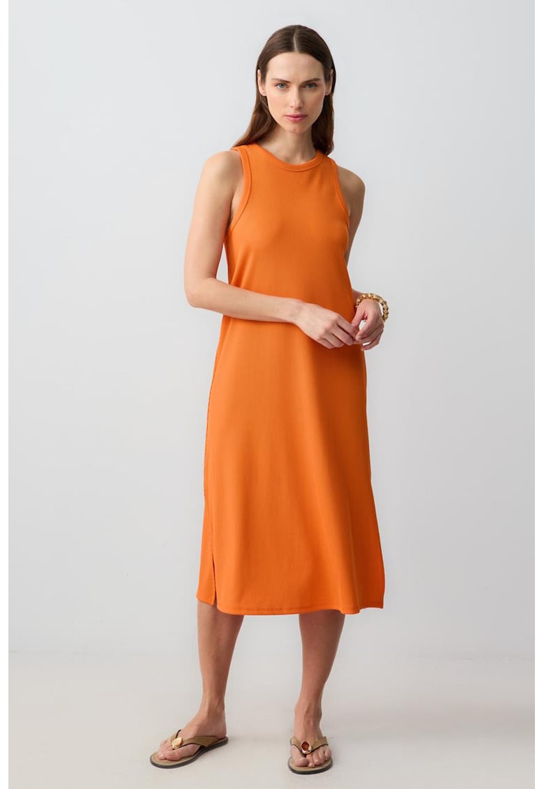 Rochie midi cu croiala dreapta si slit lateral - Portocaliu