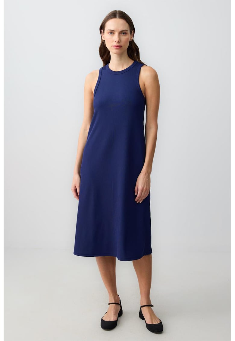 Rochie midi cu croiala dreapta si slit lateral - Bleumarin