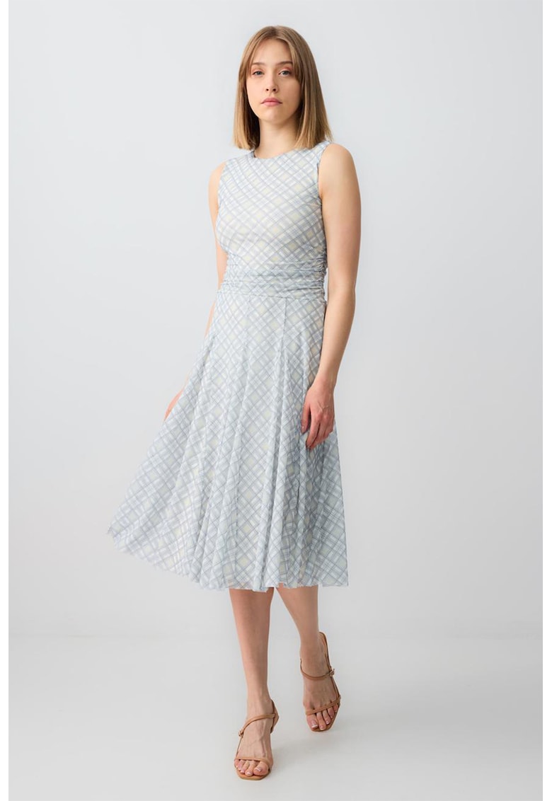 Rochie midi cu model in carouri si talie drapata - Albastru pal/Bej deschis