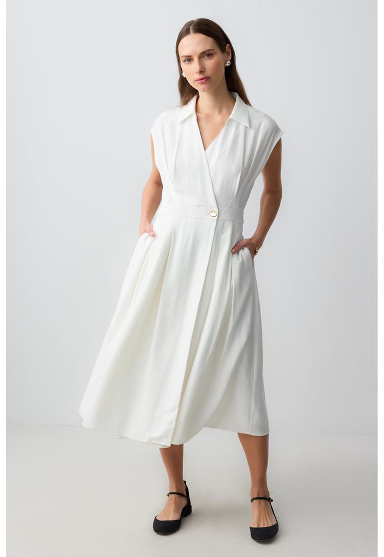 Rochie midi din amestec de modal cu buzunare laterale - Alb
