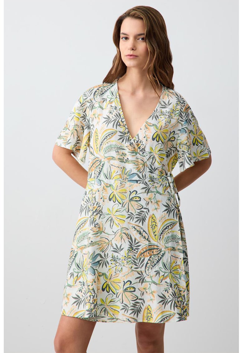 Rochie din amestec de in cu decolteu in V - model drapat si floral - Alb/Verde deschis