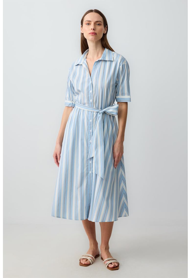 Rochie-camasa midi cu buzunare laterale - Alb/Albastru deschis