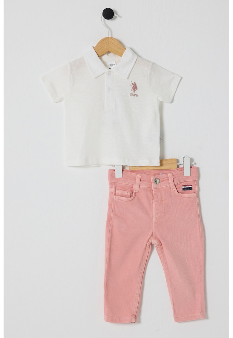 Set de tricou polo si blugi - 2 Piese - Roz somon/Alb murdar