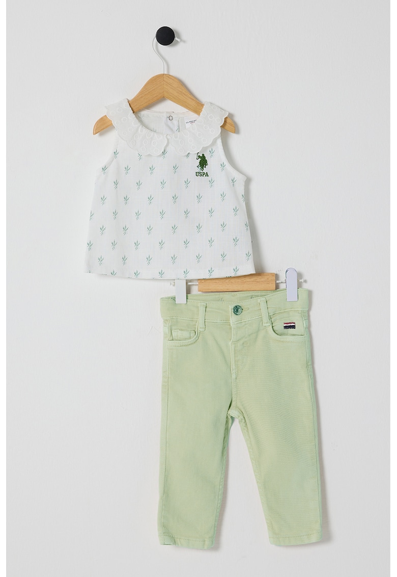 Set de blugi si tricou cu imprimeu - 2 Piese - Alb optic/Verde fistic
