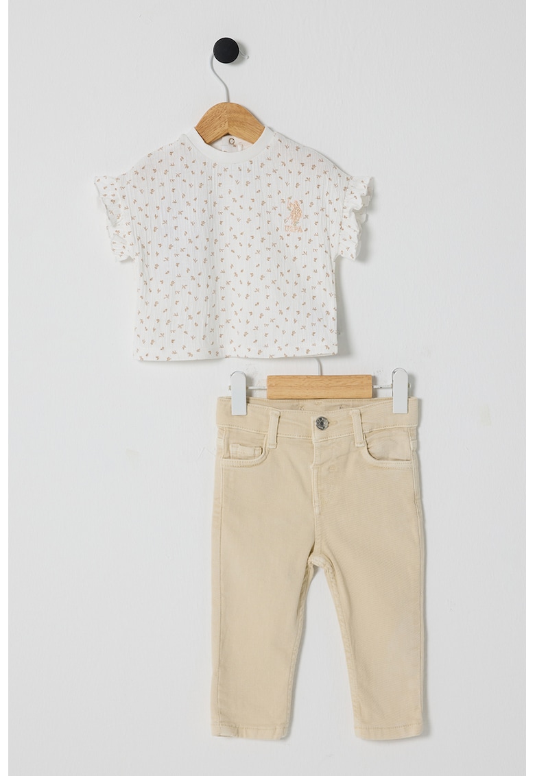 Set de tricou cu imprimeu si pantaloni - 2 Piese - Alb murdar/Bej deschis