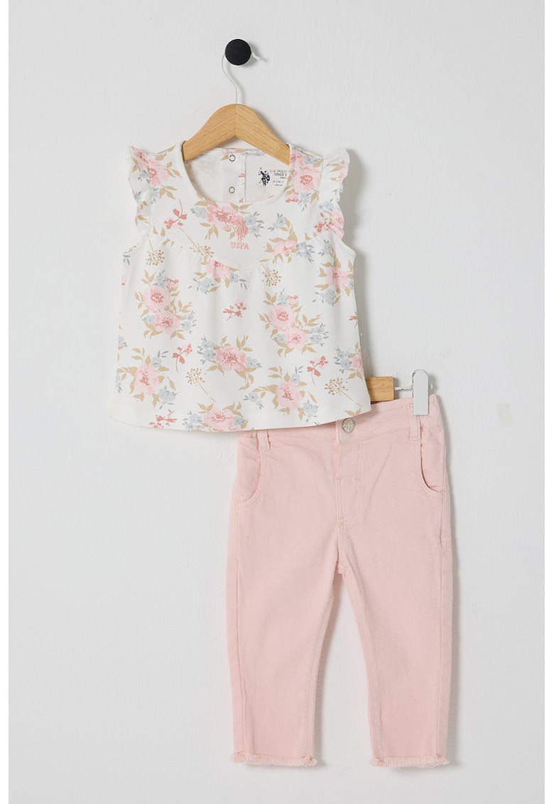 Set de tricou cu imprimeu floral si pantaloni scurti - 2 Piese - Roz pastel/Alb murdar