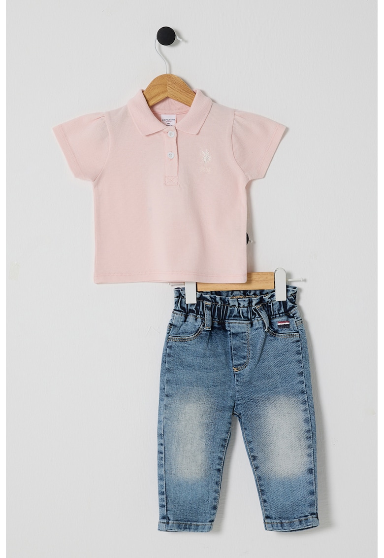 Set de tricou polo si blugi - 2 Piese - Albastru inchis/Roz pastel