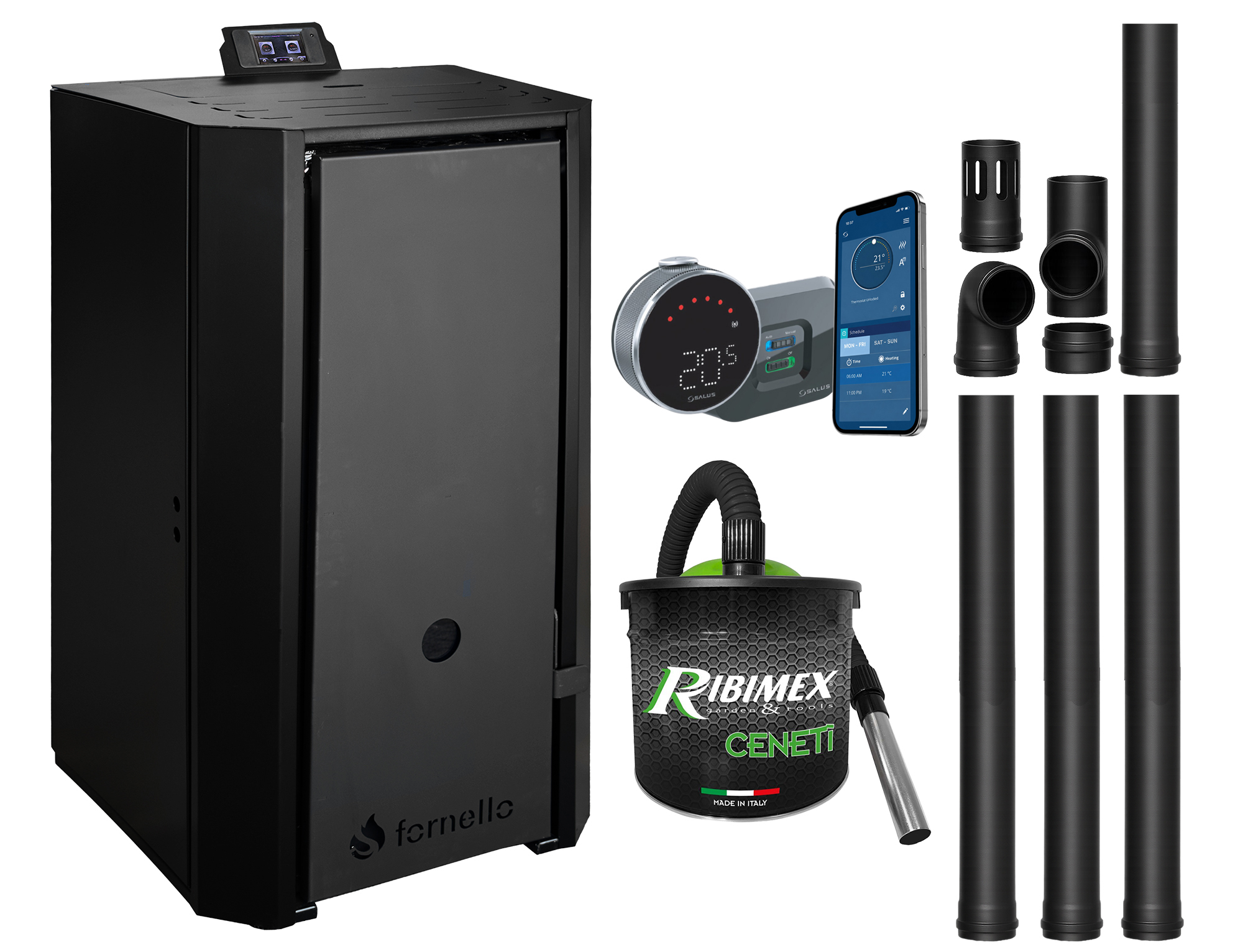 Pachet Centrala pe peleti Fornello EVA B Black 25 KW pompa circulatie vas expansiune Grup siguranta WI-FI buncar tiraj fortat kit evacuare termostat Salus IT800 aspiratior Clasa A++ recomandat pentru 160 mp Negru