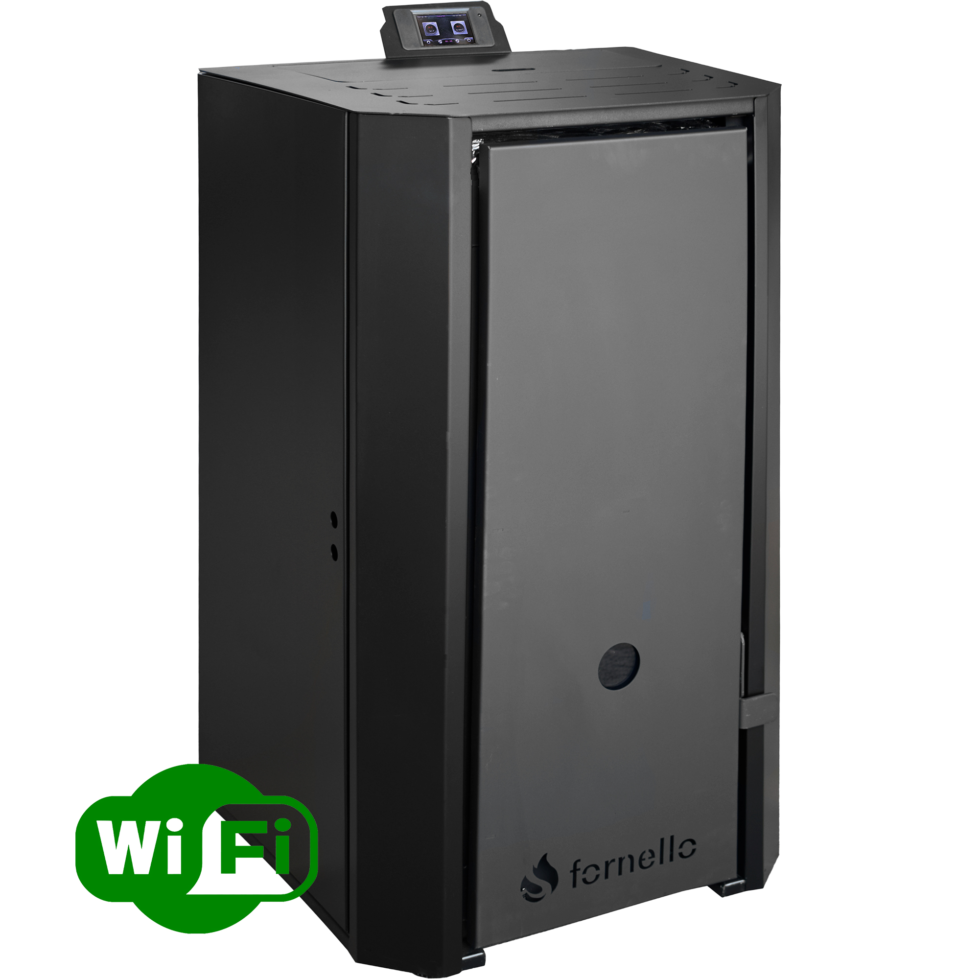 Pachet Centrala pe peleti Fornello EVA B Black 25 KW pompa circulatie vas expansiune WI-FI buncar tiraj fortat kit evacuare 3.5 ml termostat aspiratior boiler 100L Radiatoare Aluminiu si Fitinguri montaj