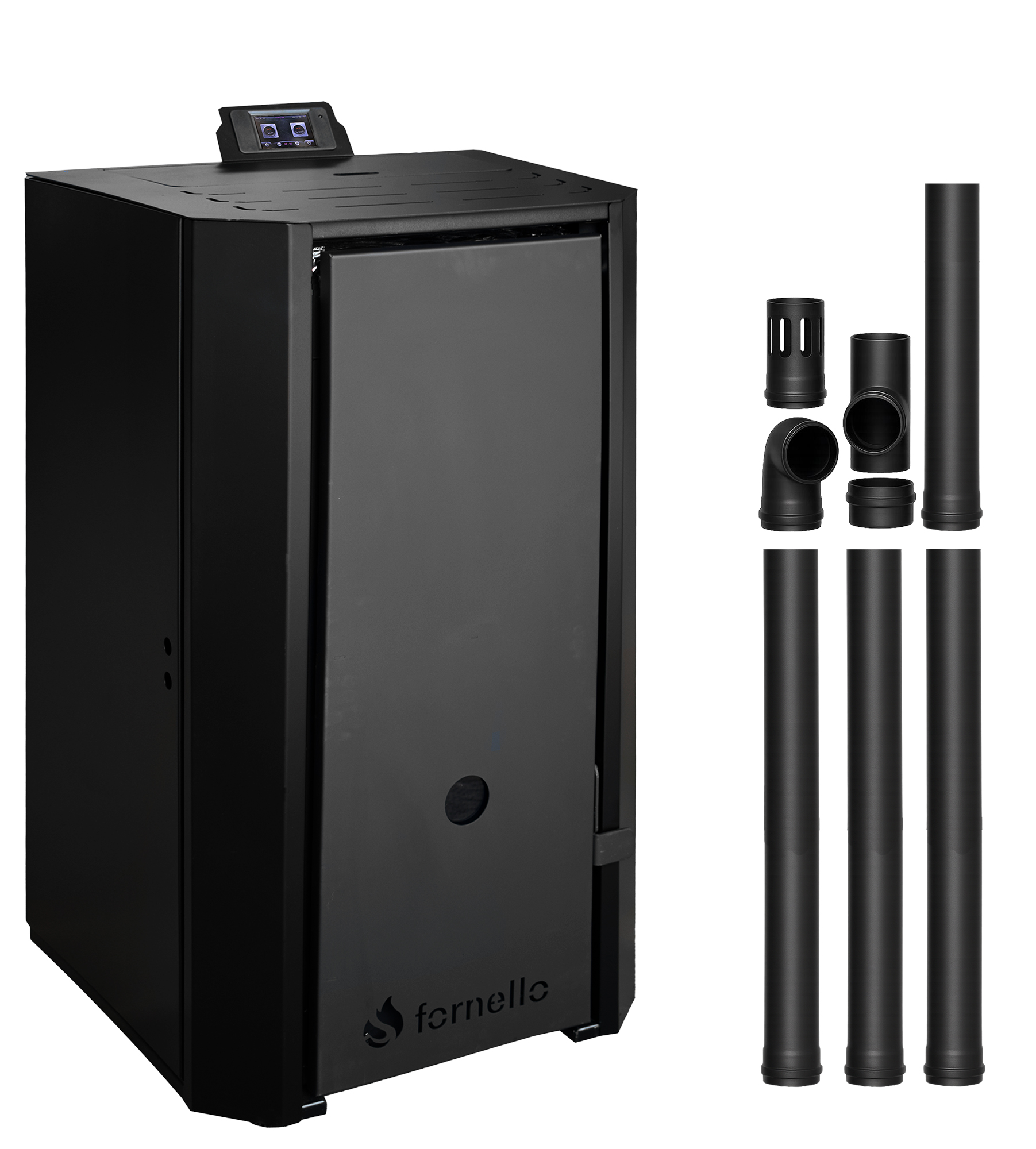 Pachet Centrala pe peleti Fornello EVA B Black 25 KW pompa circulatie vas expansiune Grup siguranta WI-FI buncar tiraj fortat kit evacuare 3.5 ml Clasa A++ recomandat pentru 160 mp Negru