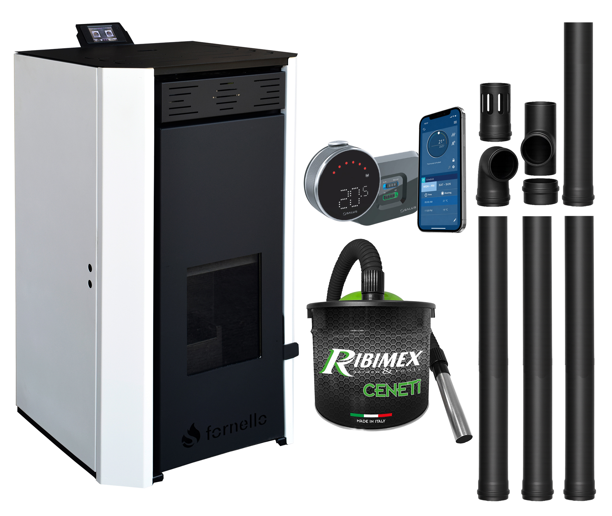 Pachet Termosemineu pe peleti Fornello EVA 25 KW pompa circulatie vas expansiune Grup siguranta WI-FI buncar tiraj fortat kit evacuare termostat Salus IT 800 aspiratior Clasa A++ recomandat pentru 160 mp Alb