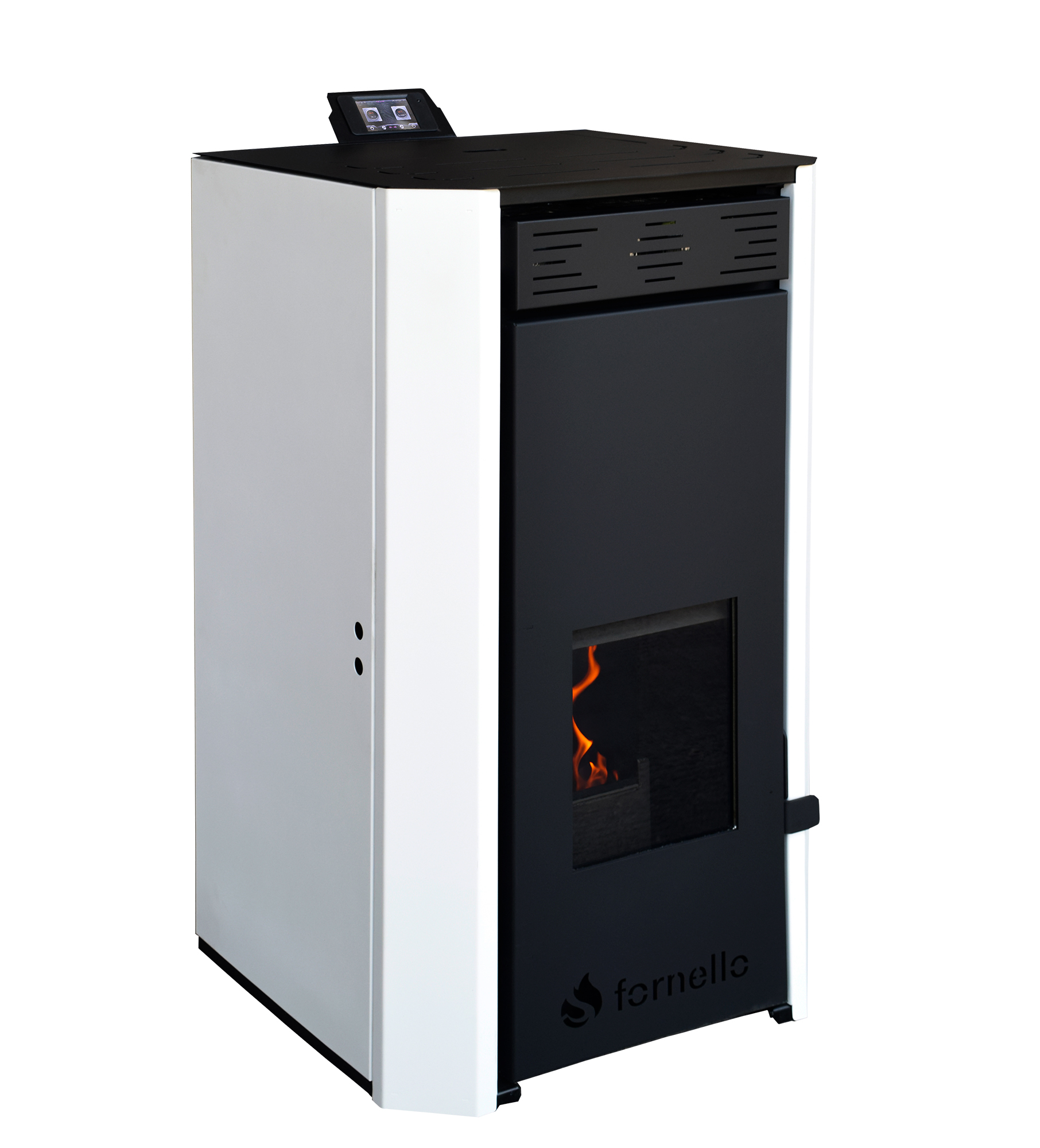 Pachet Termosemineu pe peleti Fornello EVA 25 KW pompa circulatie vas expansiune WI-FI buncar tiraj fortat kit evacuare 3.5 ml termostat aspiratior boiler 100L si Fitinguri montaj centrala/boiler