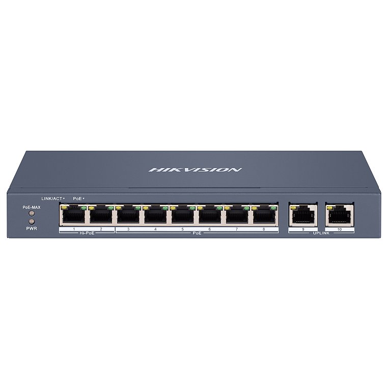 Switch 8 porturi PoE Hikvision DS-3E1310HP-EI, 2 porturi uplink Gigabit