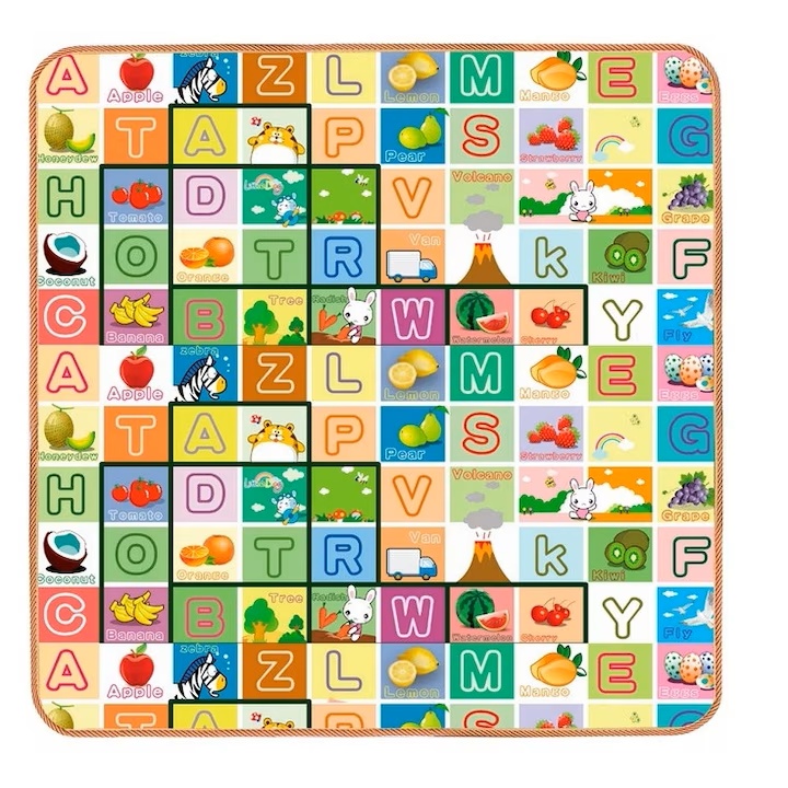 Covor educativ cu doua fete pentru copii, 200x180 cm – litere, fructe si animale