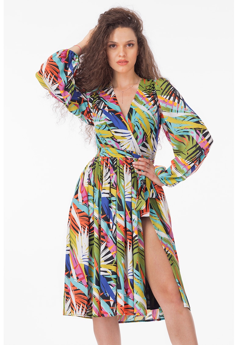 Rochie evazata cu slit lateral - Multicolor