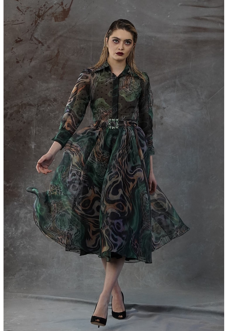 Rochie evazata cu imprimeu abstract Xela - Verde/Maro