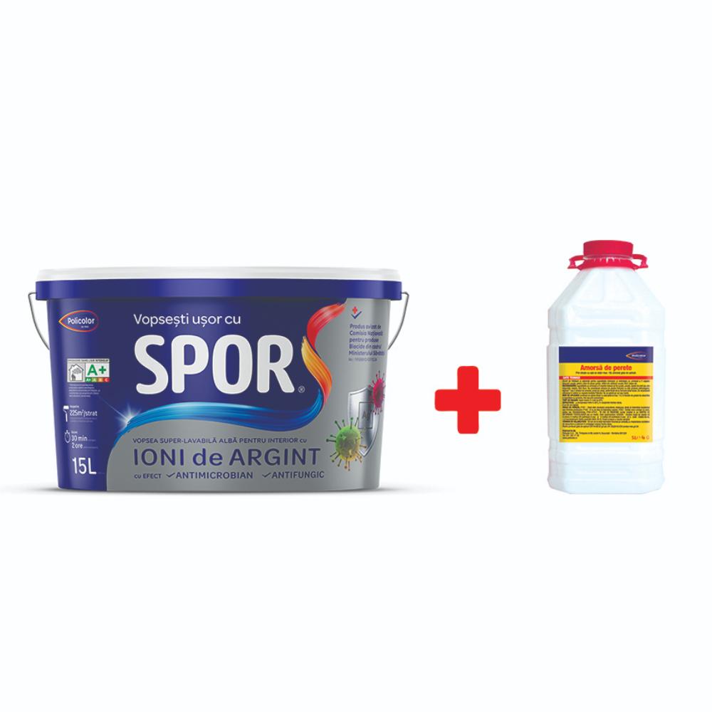 Vopsea superlavabila interior Spor, cu ioni de argint, alb, 15 l + amorsa 4 l