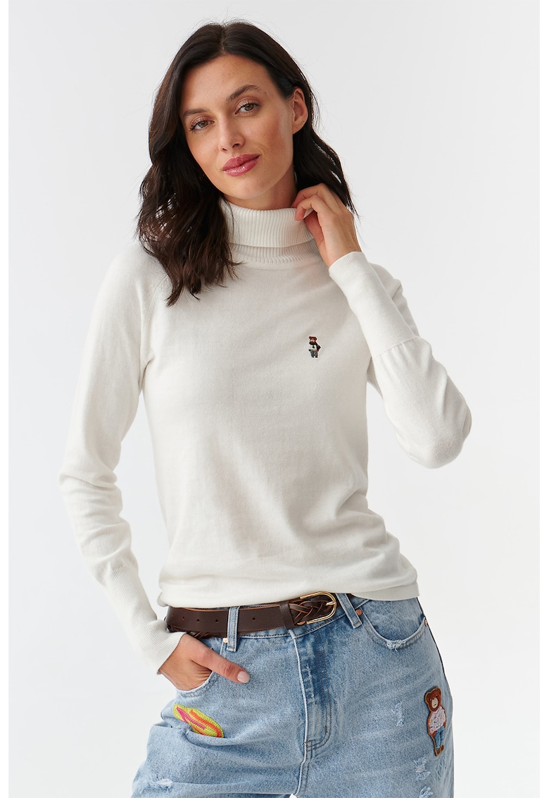 Pulover cu guler inalt si broderie cu urs - Alb optic