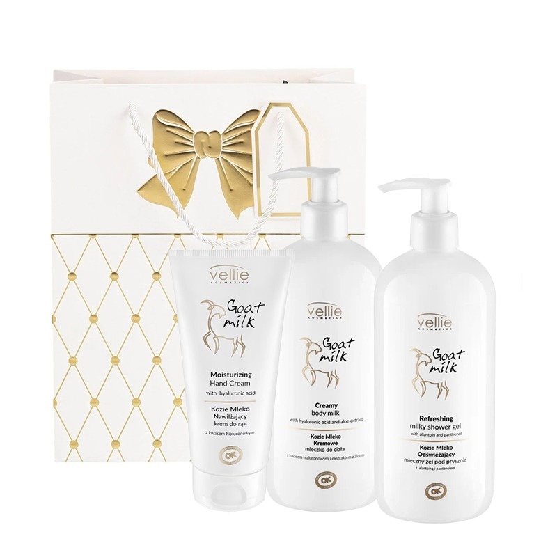 Set Vellie Cosmetics Goat Milk – Crema hidratanta de maini, 100 ml, Lapte de corp cremos, 500 ml si Gel de dus, 500 ml