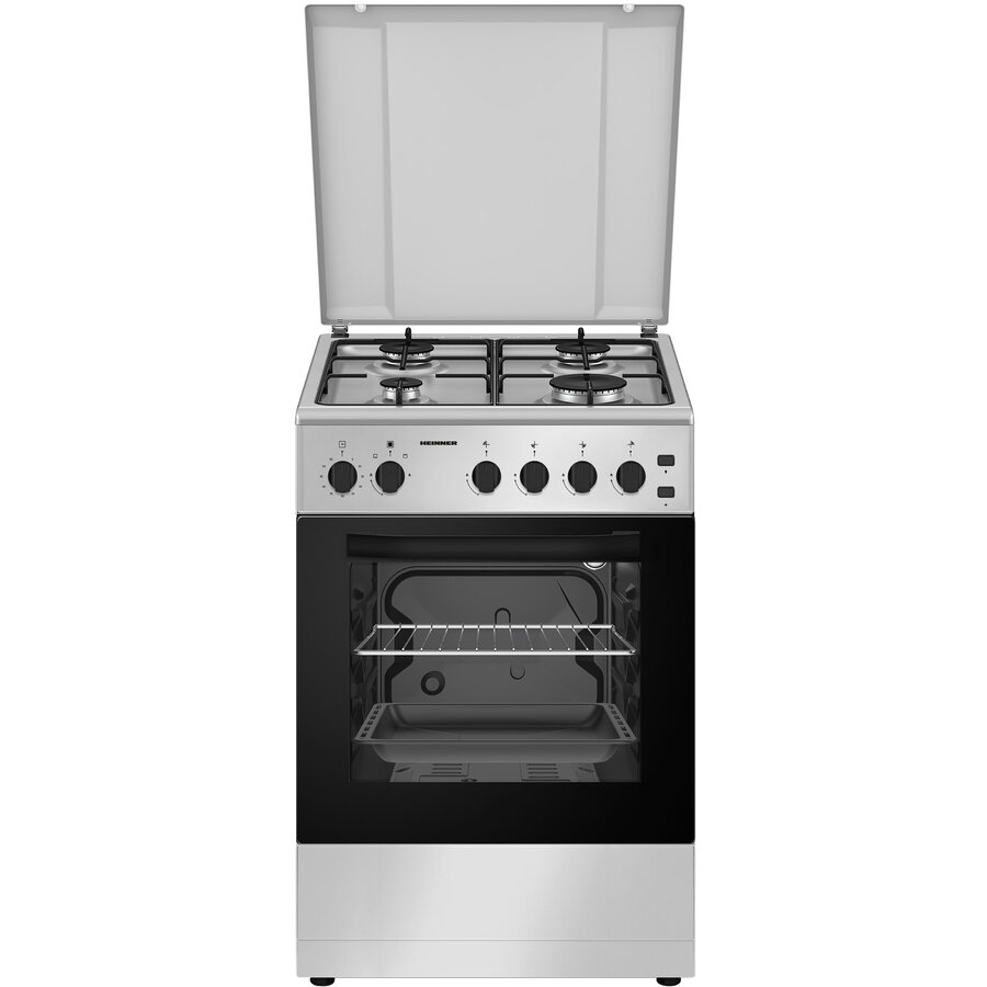 Aragaz cu 4 arzatoare Heinner HFSC-S50LITG-SL, volum cuptor 43L, Argintiu