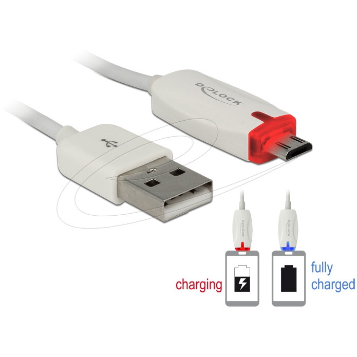 Cablu de date si alimentare Delock, USB 2.0-A tata la Micro USB-B tata, LED indicator, 1m, Alb