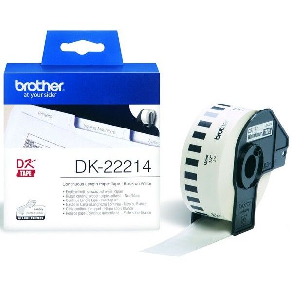 BANDA CONTINUA HARTIE 12MM BLACK ON WHITE DK22214 ORIGINAL BROTHER P-TOUCH QL-1050