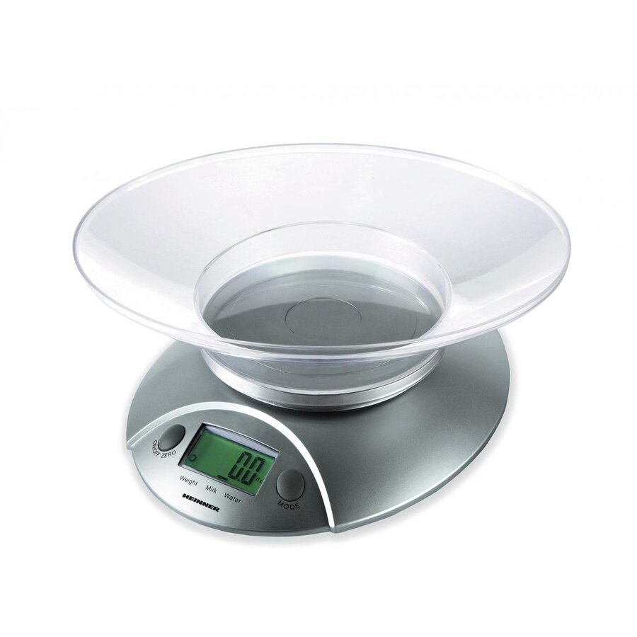Cantar de bucatarie cu Bol Heinner HKS-5SL, 5 Kg, Tara, functie cantarire lichide, 1 g, display lcd, Argintiu