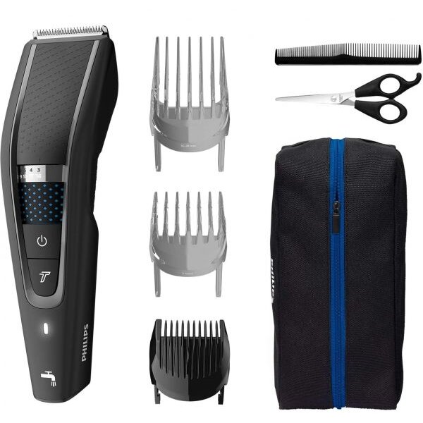 Aparat de tuns Philips Seria 5000 HC5632/15, Tehnologie Trim-n-Flow Pro, Cap de tuns metalic, Lame otel inoxidabil, 90 min utilizare fara fir, 28 setari lungime, Mod Turbo, Husa de transport, Negru