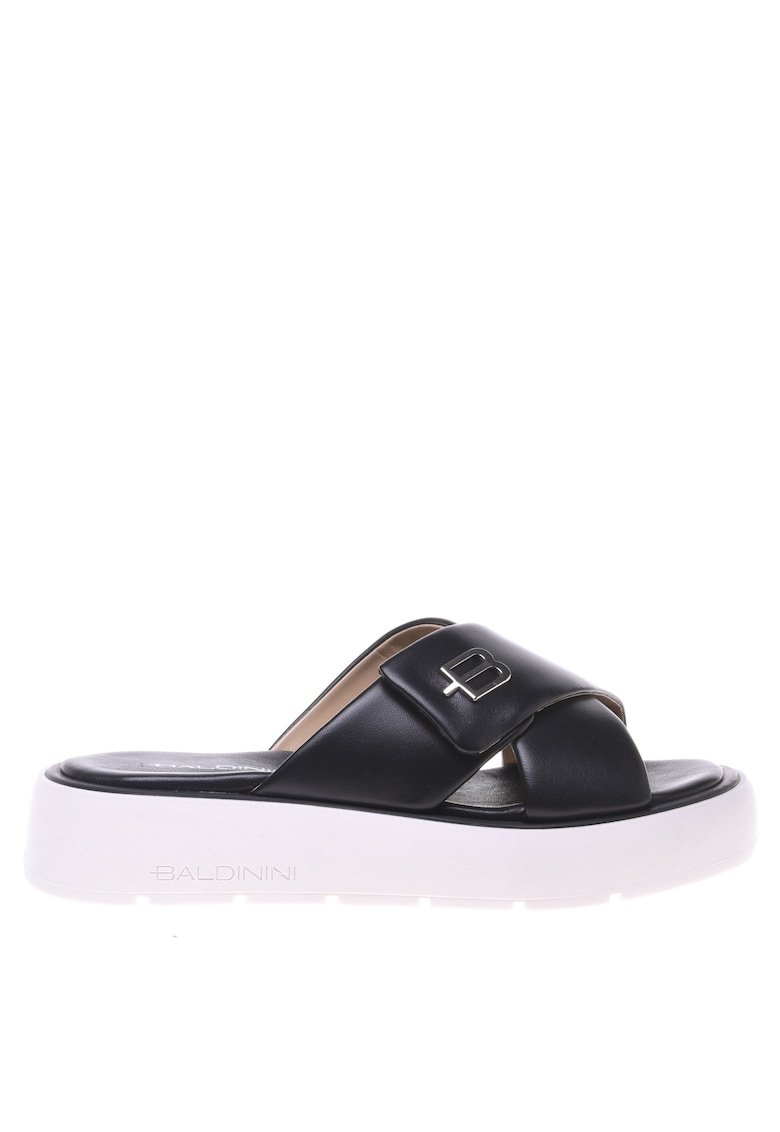 Papuci de piele cu logo metalic - Negru
