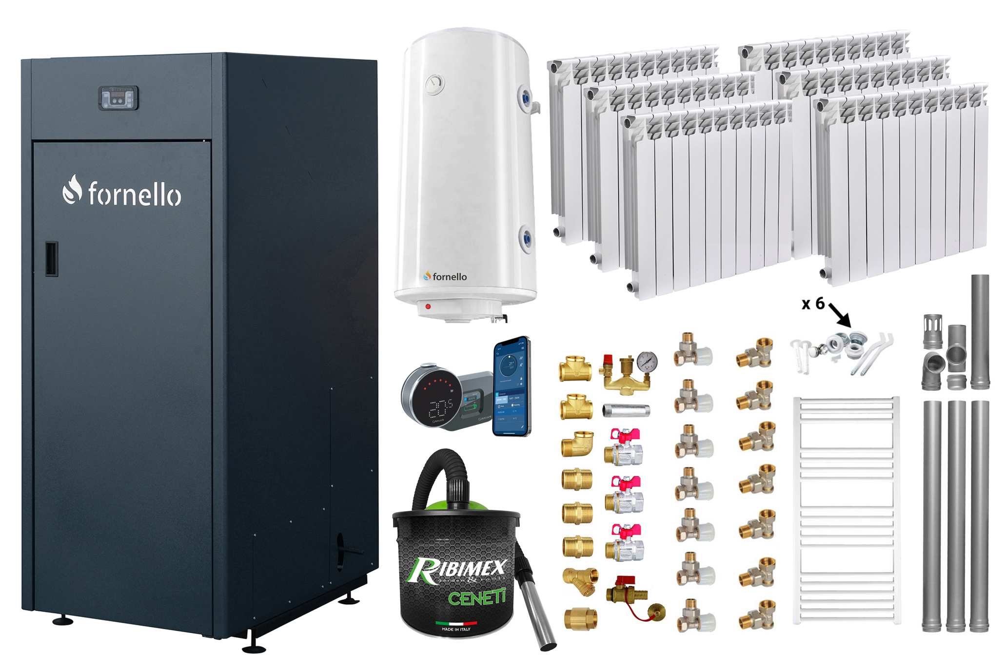 Pachet control de la distanta Centrala pe peleti Fornello King Plus 25 KW calorifere aluminiu boiler termostat aspirator kit evacuare fitinguri pompa de circulatie vas de expansiune supapa de siguranta automatizare rezervor pentru peleti 1