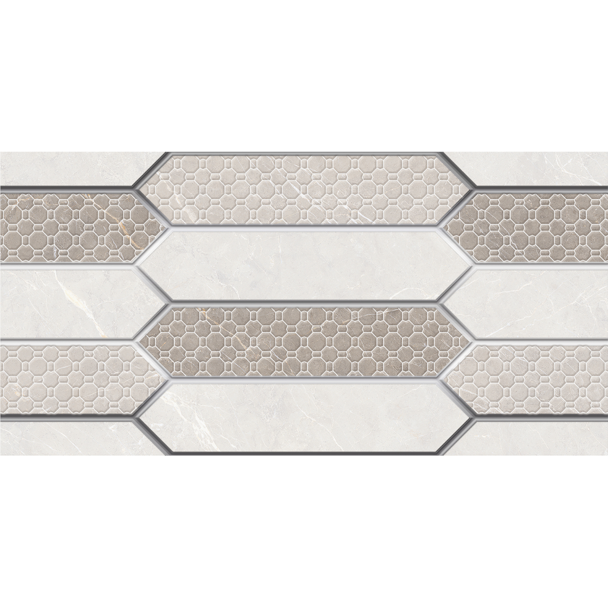 Faianta decorativa Fresno HL 22183-RM-2, glazurata, rectificata, lucios, model geometric in relief, insertii metalice, bej si crem 30 x 60 cm