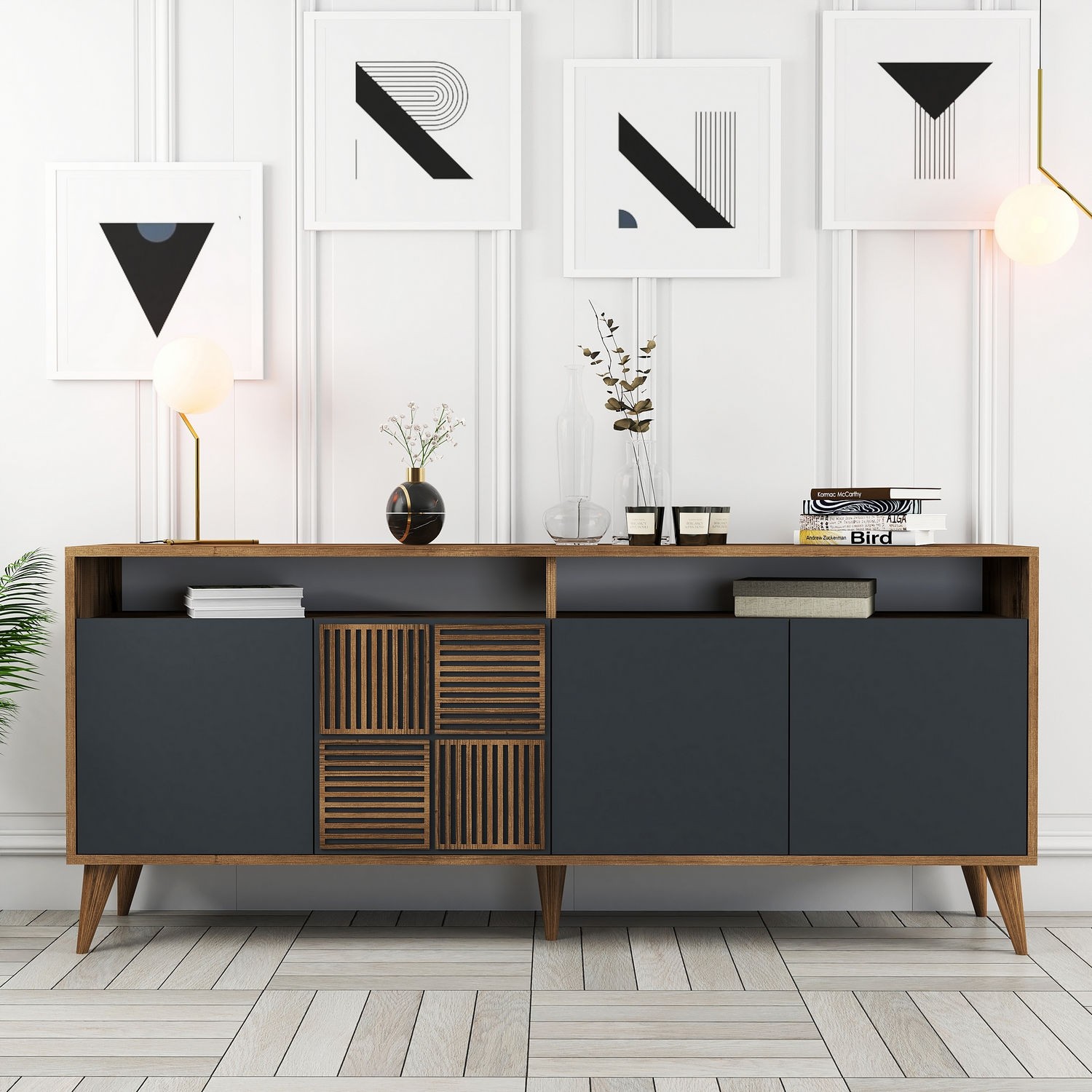 Dulap Tip Consola Milan - Walnut, Anthracite 180 X 78.6 X 35