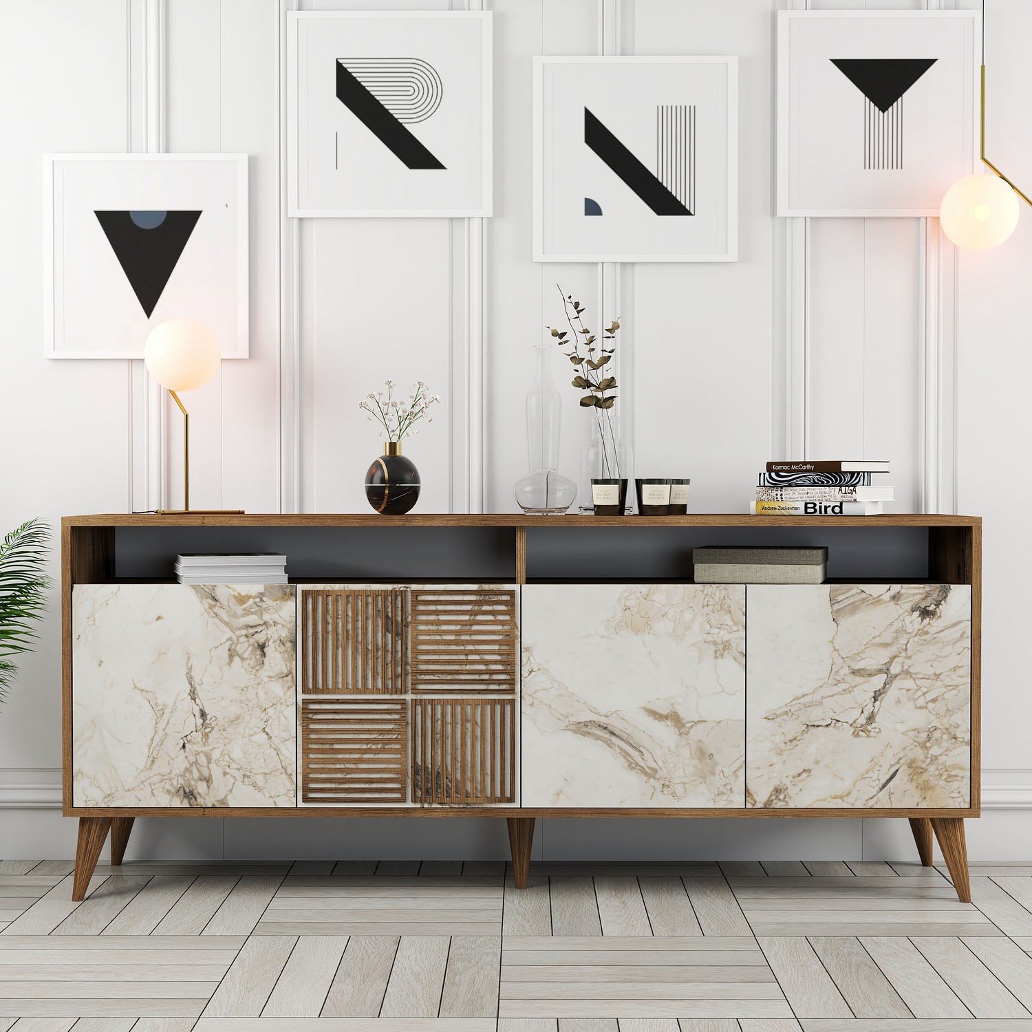 Dulap Tip Constola Milan - Walnut, White Marble 180 X 78.6 X 35