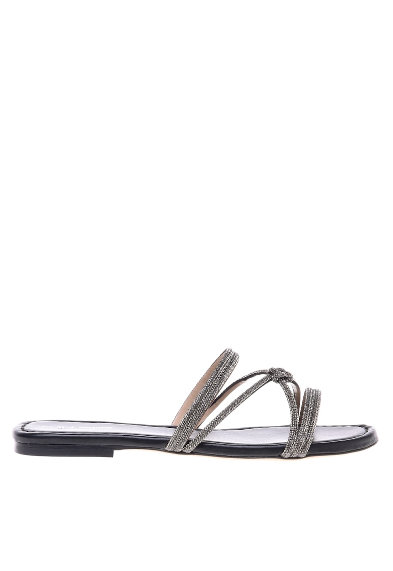 Papuci de piele slip-on cu strasuri si toc - Negru