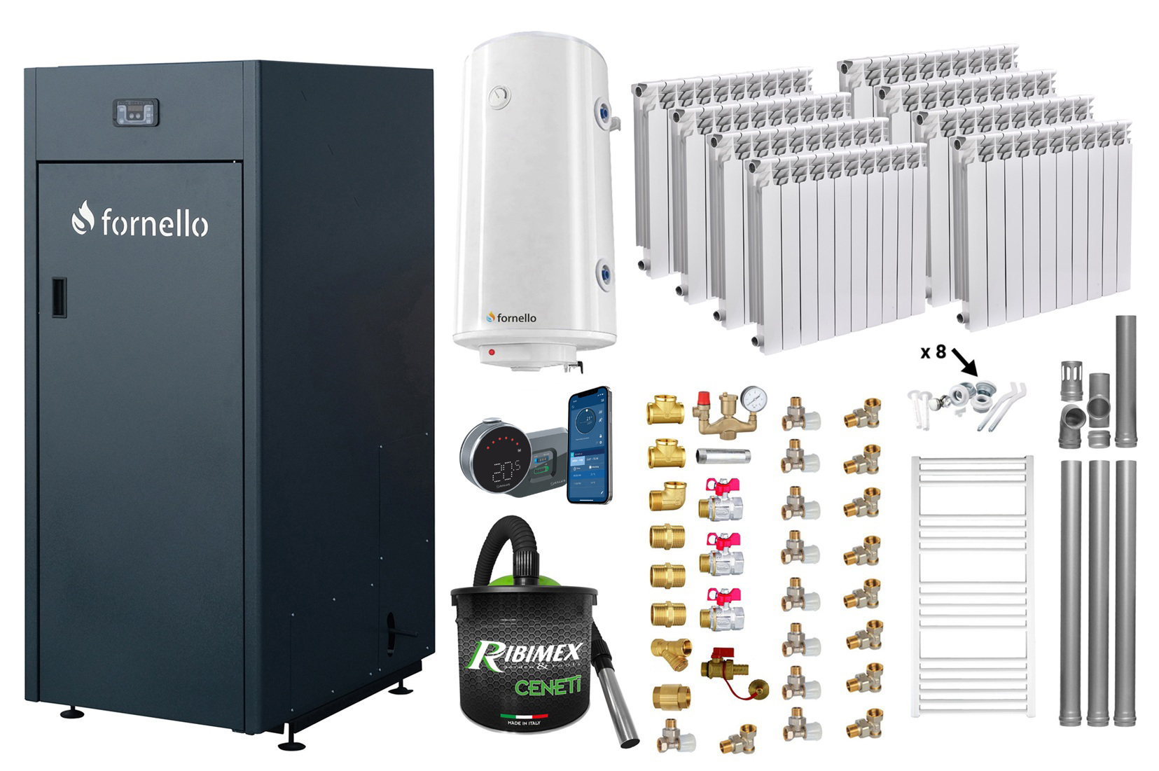 Pachet control de la distanta Centrala pe peleti Fornello King Plus 30 KW calorifere aluminiu boiler termostat aspirator kit evacuare fitinguri pompa de circulatie vas de expansiune supapa de siguranta automatizare rezervor pentru peleti 1